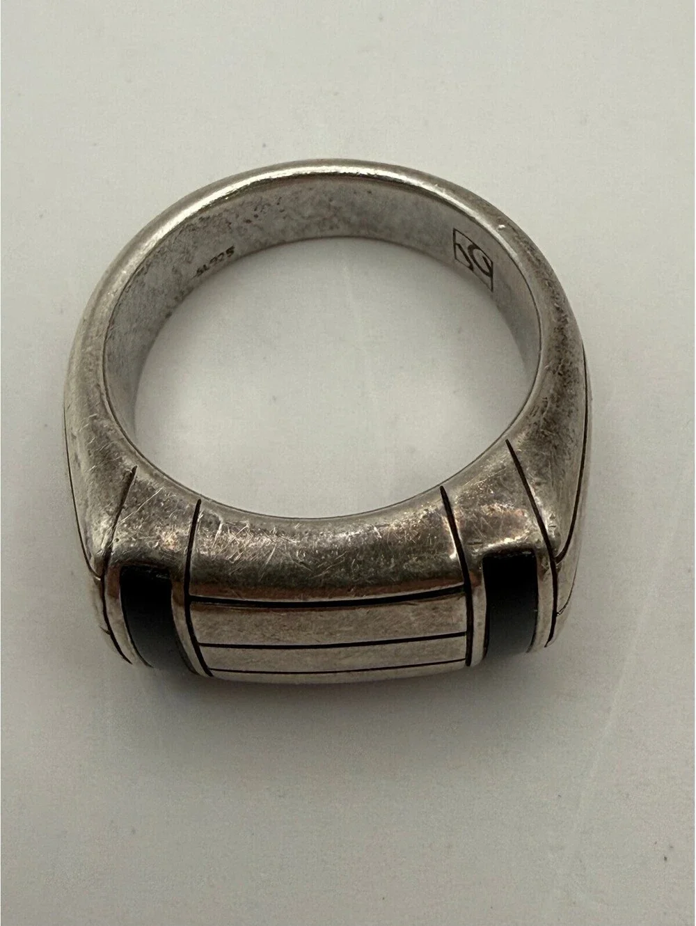 925 Sterling Silver Modern Geometric Black Inlay Band Ring Size 10 Signed